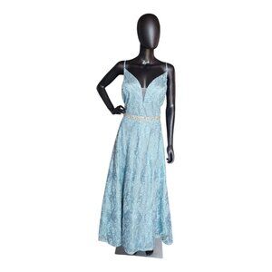 Steel Blue Lace Belted Plunge A-line Formal Dress - LA Merchandise